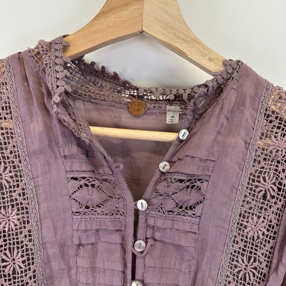 Free People Purple Button Front 3/4 Sleeve Lace Dress Womens Size Small Boho - Picture 9 of 16